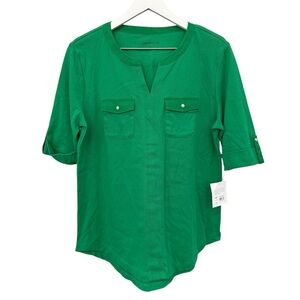 NWT Croft & Barrow Green Cotton V-Neck Blouse Women’s Size Large